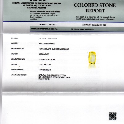 4.33 Ct IGI Certified Unheated Untreated Natural Ceylon Yellow Sapphire 4.33 Ct IGI Certified Unheated Untreated Natural Ceylon Yellow Sapphire