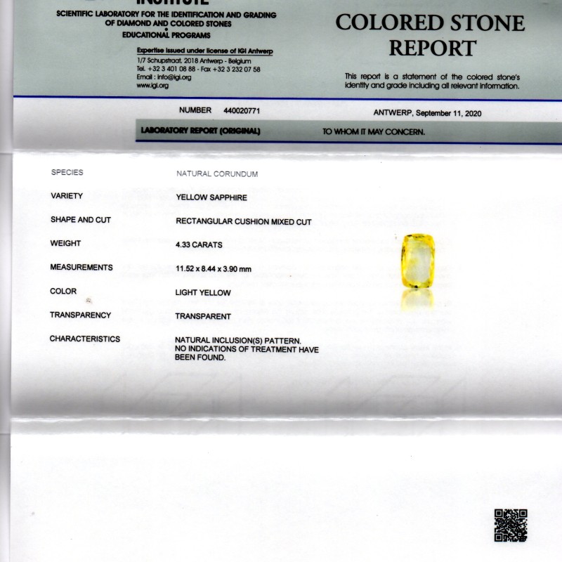 4.33 Ct IGI Certified Unheated Untreated Natural Ceylon Yellow Sapphire 4.33 Ct IGI Certified Unheated Untreated Natural Ceylon Yellow Sapphire
