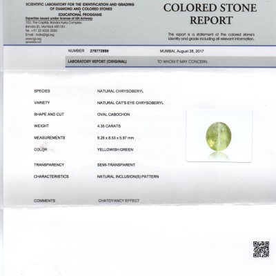 4.35 Ct IGI Certified Untreated Natural Ceylon Chrysoberyl Cats Eye 4.35 Ct IGI Certified Untreated Natural Ceylon Chrysoberyl Cats Eye