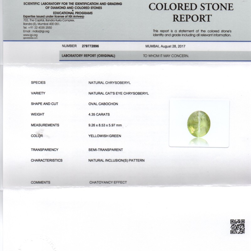 4.35 Ct IGI Certified Untreated Natural Ceylon Chrysoberyl Cats Eye 4.35 Ct IGI Certified Untreated Natural Ceylon Chrysoberyl Cats Eye