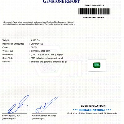 4.35 Ct GII Certified Untreated Natural Zambian Emerald Panna Gems AA 4.35 Ct GII Certified Untreated Natural Zambian Emerald Panna Gems AA