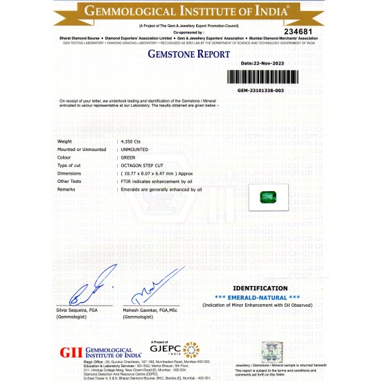 4.35 Ct GII Certified Untreated Natural Zambian Emerald Panna Gems AA