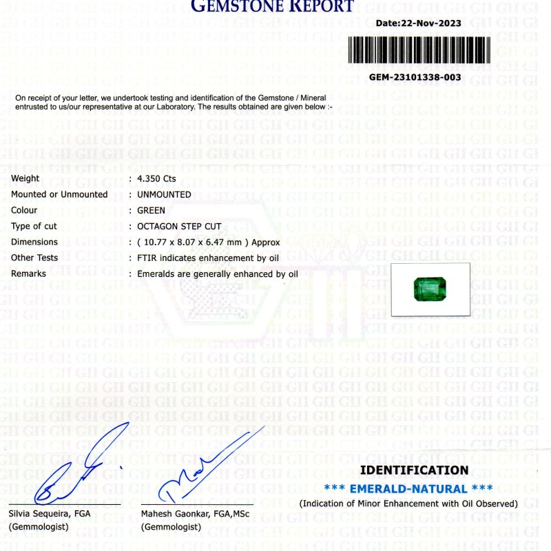 4.35 Ct GII Certified Untreated Natural Zambian Emerald Panna Gems AA 4.35 Ct GII Certified Untreated Natural Zambian Emerald Panna Gems AA