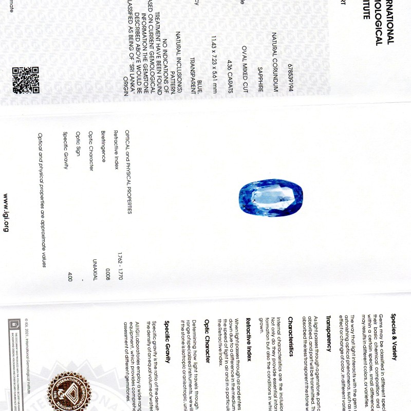 4.36 Ct IGI Certified Unheated Untreated Natural Ceylon Blue Sapphire 4.36 Ct IGI Certified Unheated Untreated Natural Ceylon Blue Sapphire
