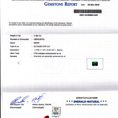 4.38 Ct GII Certified Untreated Natural Zambian Emerald Gems AAA 4.38 Ct GII Certified Untreated Natural Zambian Emerald Gems AAA