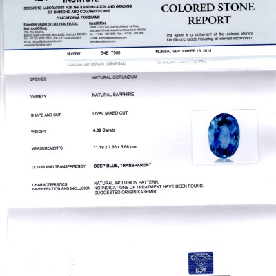 4.39 Ct Unheated Jammu/Kashmir Origin Blue Sapphire *IGI Certified* 4.39 Ct Unheated Jammu/Kashmir Origin Blue Sapphire *IGI Certified*