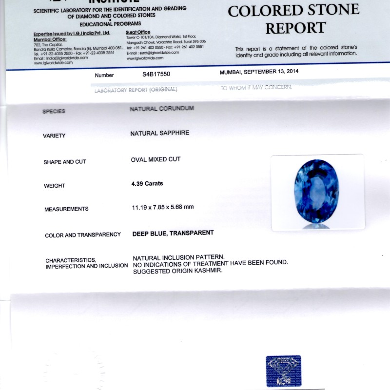 4.39 Ct Unheated Jammu/Kashmir Origin Blue Sapphire *IGI Certified* 4.39 Ct Unheated Jammu/Kashmir Origin Blue Sapphire *IGI Certified*