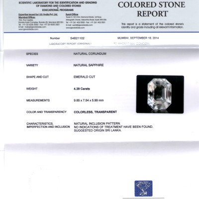 4.39 Ct IGI Certified Unheated Untreated Natural Premium White Sapphire 4.39 Ct IGI Certified Unheated Untreated Natural Premium White Sapphire
