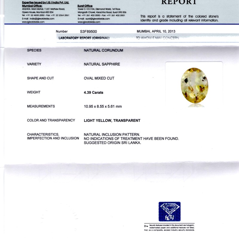 4.39 Ct IGI Certified Unheated Natural Ceylon Yellow Sapphire AA 4.39 Ct IGI Certified Unheated Natural Ceylon Yellow Sapphire AA