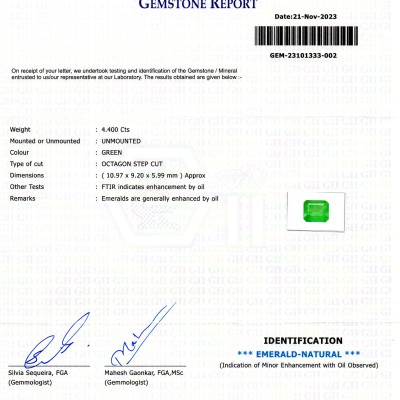 4.40 Ct GII Certified Untreated Natural Colombian Emerald Panna Gems AA 4.40 Ct GII Certified Untreated Natural Colombian Emerald Panna Gems AA