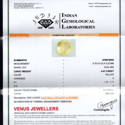 4.41 Ct Untreated Natural Ceylon Yellow Sapphire Gemstones AA 4.41 Ct Untreated Natural Ceylon Yellow Sapphire Gemstones AA