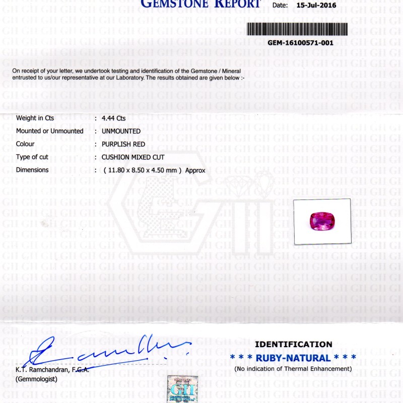 4.44 Ct Certified Unheated Untreated Natural Madagaskar Ruby 4.44 Ct Certified Unheated Untreated Natural Madagaskar Ruby