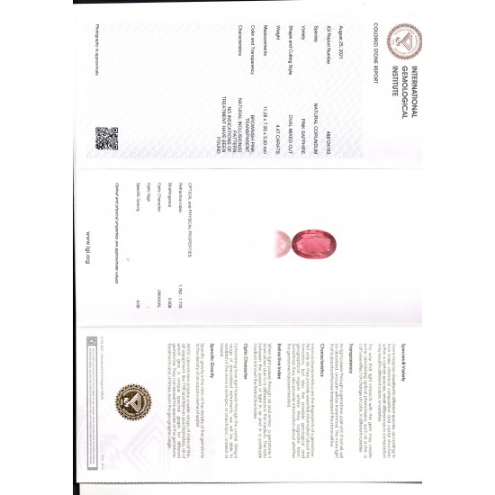 4.47 Ct IGI Certified Unheated Untreted Natural Madagaskar Pink Sapphire/Ruby