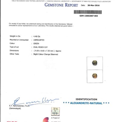 4.48 Ct Untreated Natural Certified Colour Changing Alexandrite 4.48 Ct Untreated Natural Certified Colour Changing Alexandrite