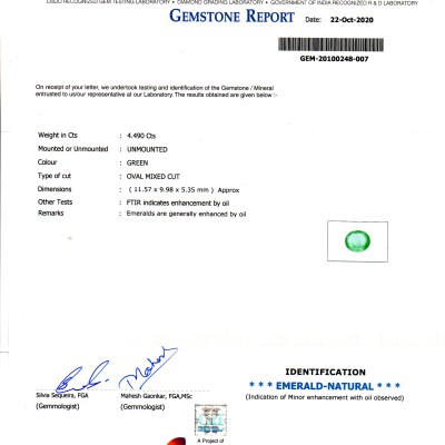 4.49 Ct GII Certified Untreated Natural Zambian Emerald Gems AAA