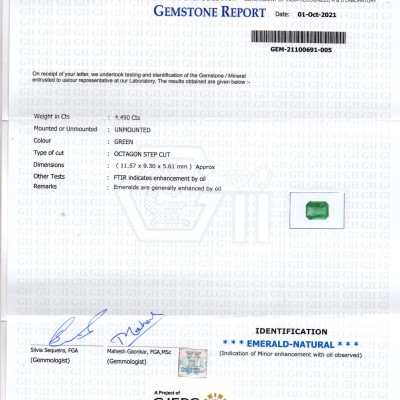 4.49 Ct GII Certified Untreated Natural Zambian Emerald Gemstone AAA