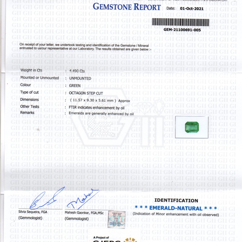 4.49 Ct GII Certified Untreated Natural Zambian Emerald Gemstone AAA