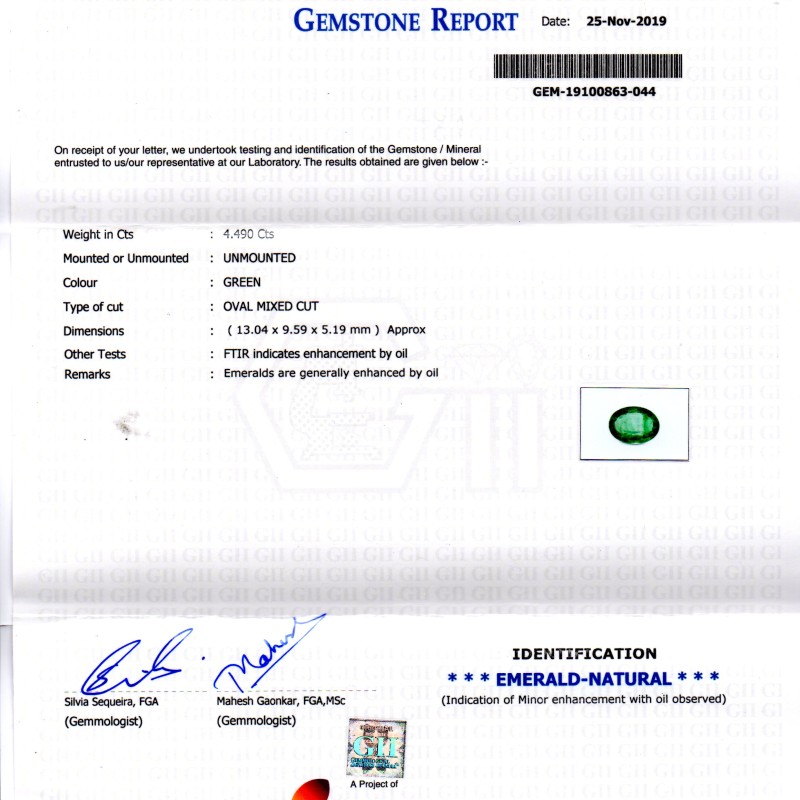 4.49 Ct GII Certified Untreated Natural Zambian Emerald Gems AAA