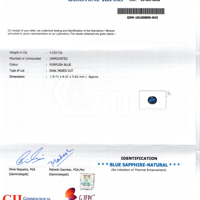 4.52 Ct GII Certified Unheated Untreated Natural Ceylon Blue Sapphire 4.52 Ct GII Certified Unheated Untreated Natural Ceylon Blue Sapphire