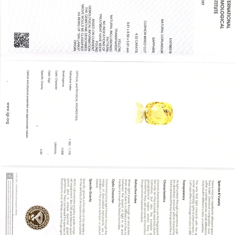 4.52 Ct IGI Certified Unheated Untreated Natural Ceylon Yellow Sapphire AAA 4.52 Ct IGI Certified Unheated Untreated Natural Ceylon Yellow Sapphire AAA