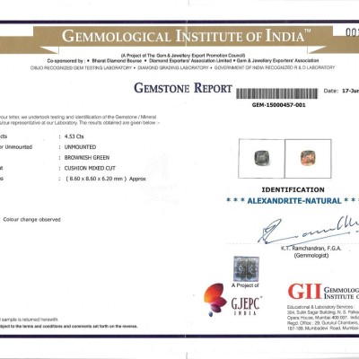 4.53 Ct Untreated Natural Certified Colour Changing Alexandrite 4.53 Ct Untreated Natural Certified Colour Changing Alexandrite