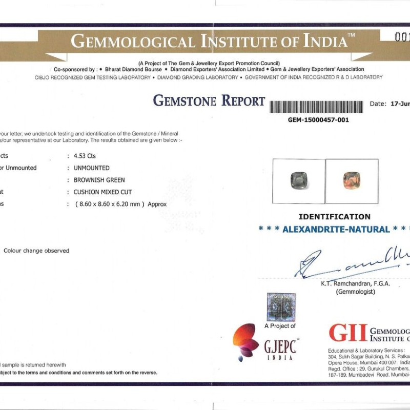 4.53 Ct Untreated Natural Certified Colour Changing Alexandrite 4.53 Ct Untreated Natural Certified Colour Changing Alexandrite