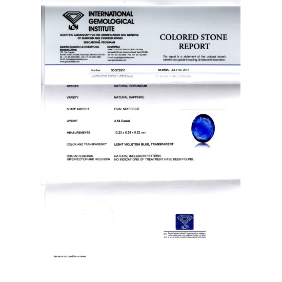 4.54 Ct IGI Certified Unheated Untreated Natural Ceylon Blue Sapphire