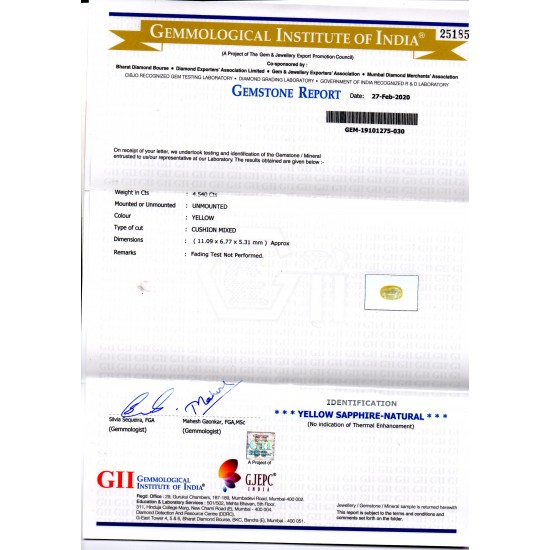 4.54 Ct GII Certified Unheated Untreated Natural Ceylon Yellow Sapphire