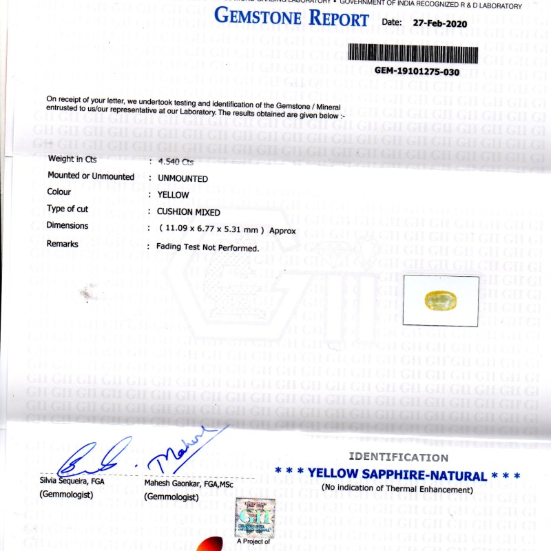 4.54 Ct GII Certified Unheated Untreated Natural Ceylon Yellow Sapphire