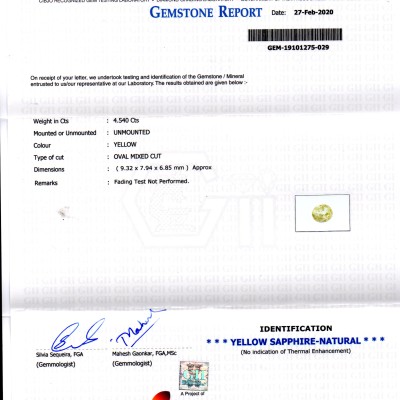 4.54 Ct GII Certified Unheated Untreated Natural Ceylon Yellow Sapphire 4.54 Ct GII Certified Unheated Untreated Natural Ceylon Yellow Sapphire
