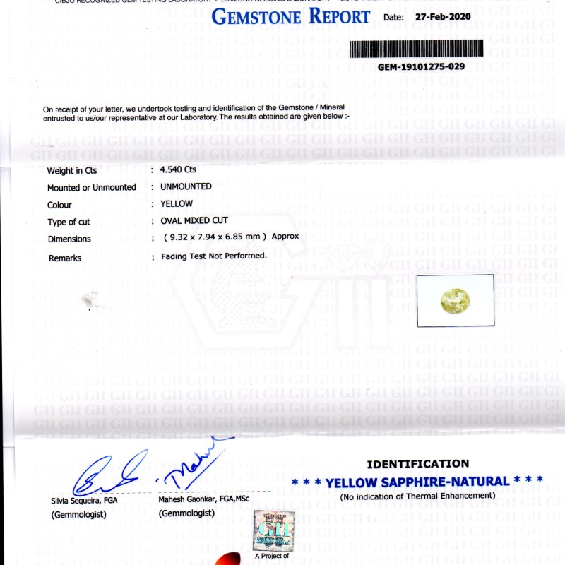 4.54 Ct GII Certified Unheated Untreated Natural Ceylon Yellow Sapphire 4.54 Ct GII Certified Unheated Untreated Natural Ceylon Yellow Sapphire