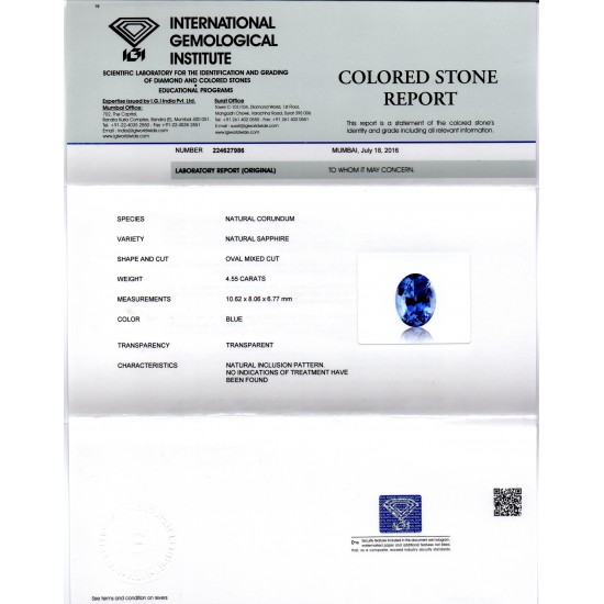4.55 Ct IGI Certified Unheated Natural Ceylon Blue Sapphire AAAAA