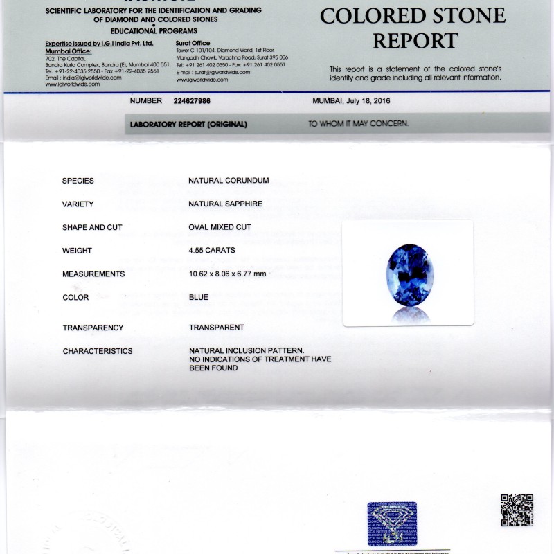 4.55 Ct IGI Certified Unheated Natural Ceylon Blue Sapphire AAAAA 4.55 Ct IGI Certified Unheated Natural Ceylon Blue Sapphire AAAAA