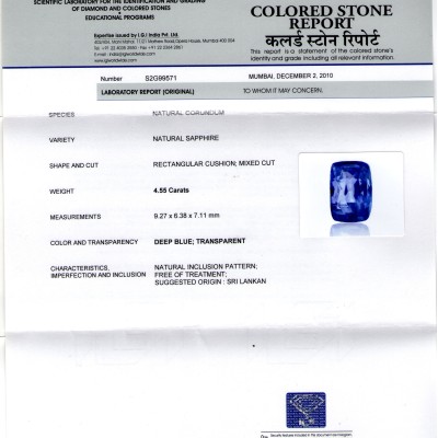 4.55 Ct IGI Certified Unheated Natural Ceylon Blue Sapphire AAAA 4.55 Ct IGI Certified Unheated Natural Ceylon Blue Sapphire AAAA