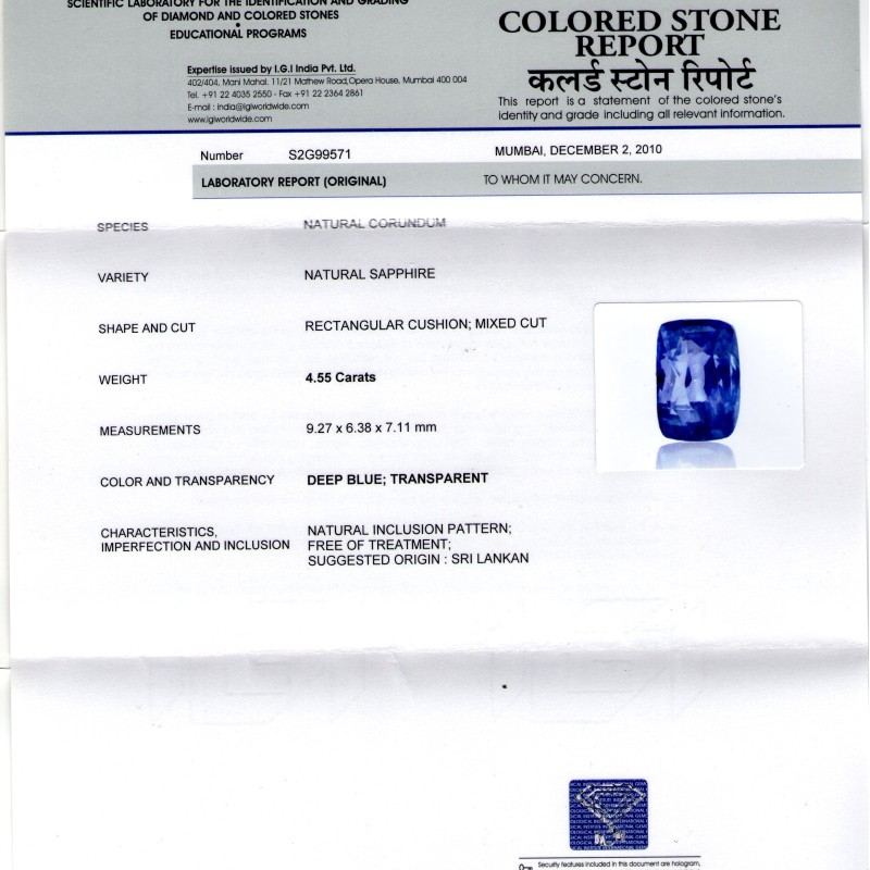 4.55 Ct IGI Certified Unheated Natural Ceylon Blue Sapphire AAAA 4.55 Ct IGI Certified Unheated Natural Ceylon Blue Sapphire AAAA