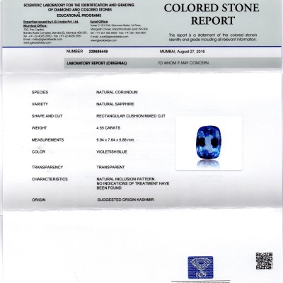 4.55 Ct Unheated Untreated Natural IGI Certified Kashmir Blue Sapphire 4.55 Ct Unheated Untreated Natural IGI Certified Kashmir Blue Sapphire