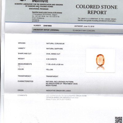 4.55 Ct IGI Certified Unheated Untreated Natural Ceylon Yellow Sapphire 4.55 Ct IGI Certified Unheated Untreated Natural Ceylon Yellow Sapphire