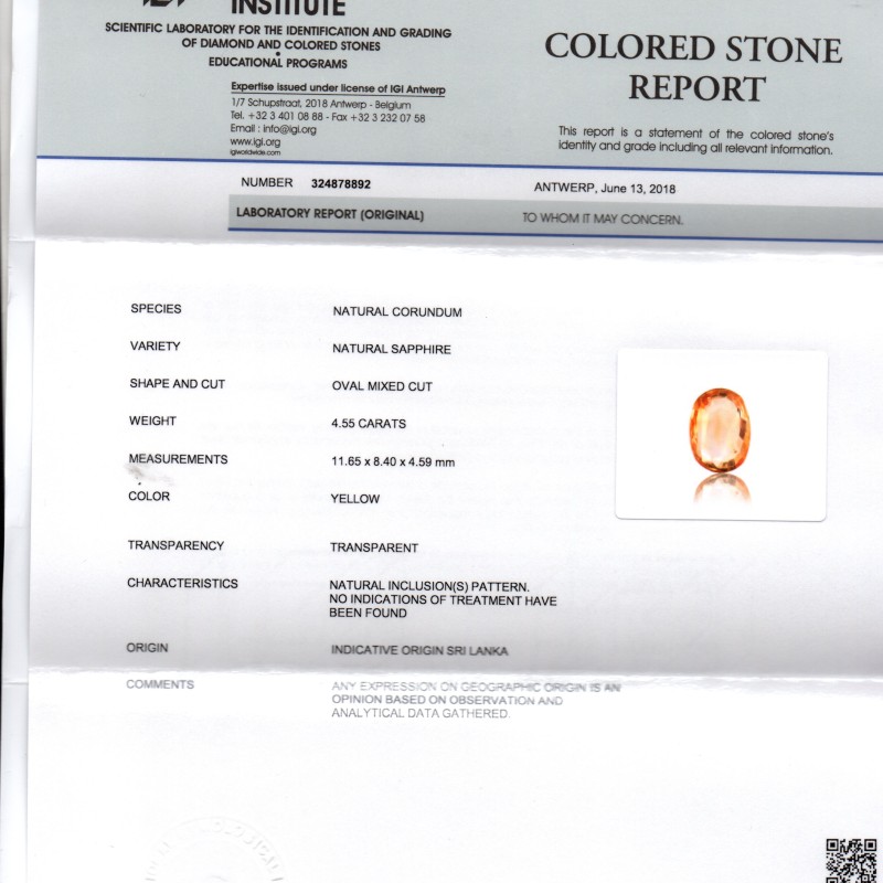 4.55 Ct IGI Certified Unheated Untreated Natural Ceylon Yellow Sapphire 4.55 Ct IGI Certified Unheated Untreated Natural Ceylon Yellow Sapphire