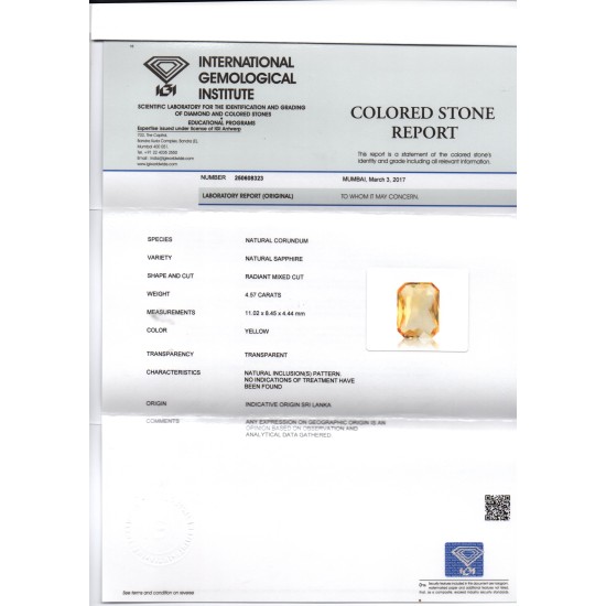 4.57 Ct IGI Certified Unheated Untreated Natural Ceylon Yellow Sapphire AAA