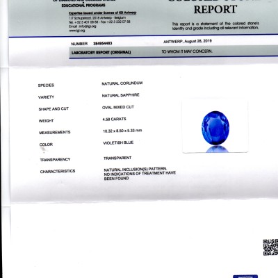 4.58 Ct IGI Certified Unheated Untreated Natural Ceylon Blue Sapphire AAA 4.58 Ct IGI Certified Unheated Untreated Natural Ceylon Blue Sapphire AAA