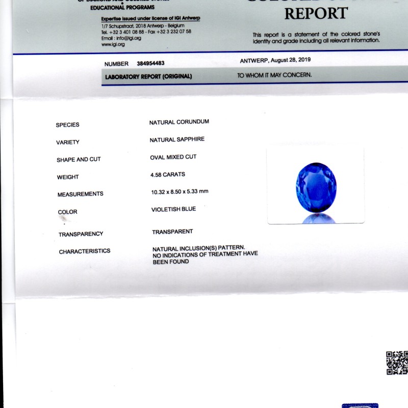 4.58 Ct IGI Certified Unheated Untreated Natural Ceylon Blue Sapphire AAA 4.58 Ct IGI Certified Unheated Untreated Natural Ceylon Blue Sapphire AAA