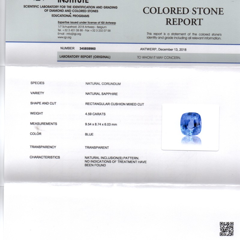 4.59 Ct IGI Certified Unheated Untreated Natural Ceylon Blue Sapphire 4.59 Ct IGI Certified Unheated Untreated Natural Ceylon Blue Sapphire