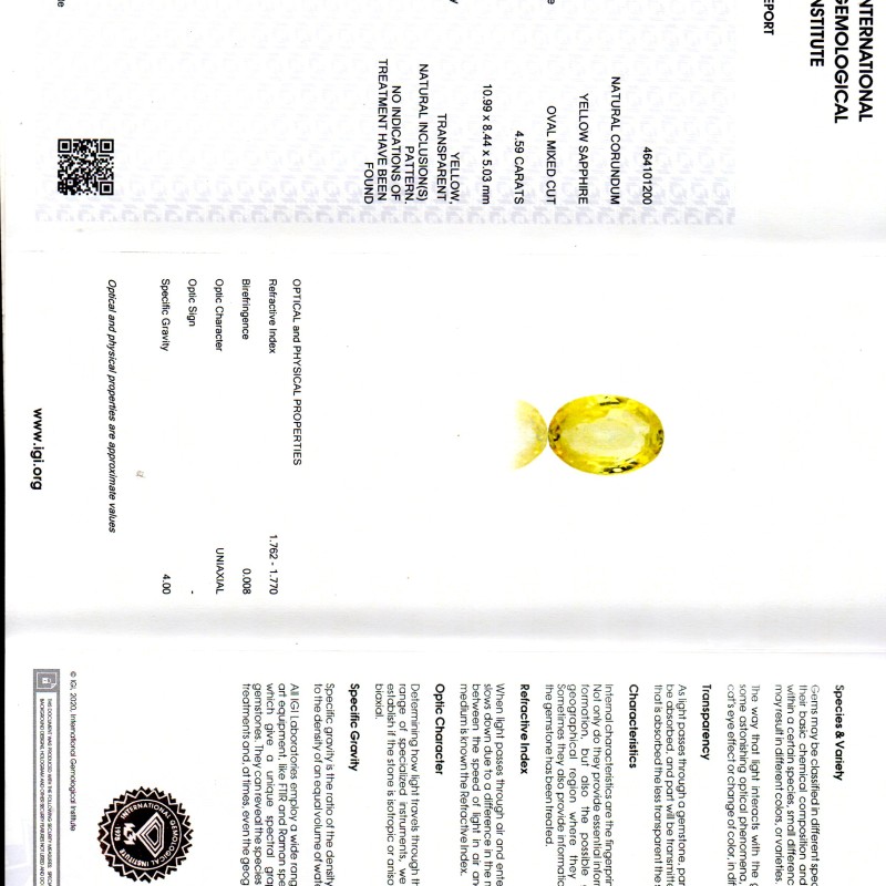 4.59 Ct IGI Certified Unheated Untreated Natural Ceylon Yellow Sapphire 4.59 Ct IGI Certified Unheated Untreated Natural Ceylon Yellow Sapphire