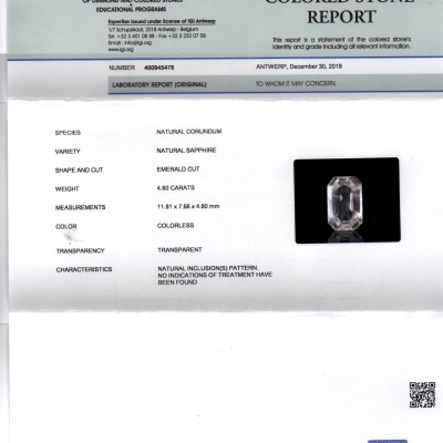 4.60 Ct IGI Certified Unheated Untreated Natural Ceylon White Sapphire AAA