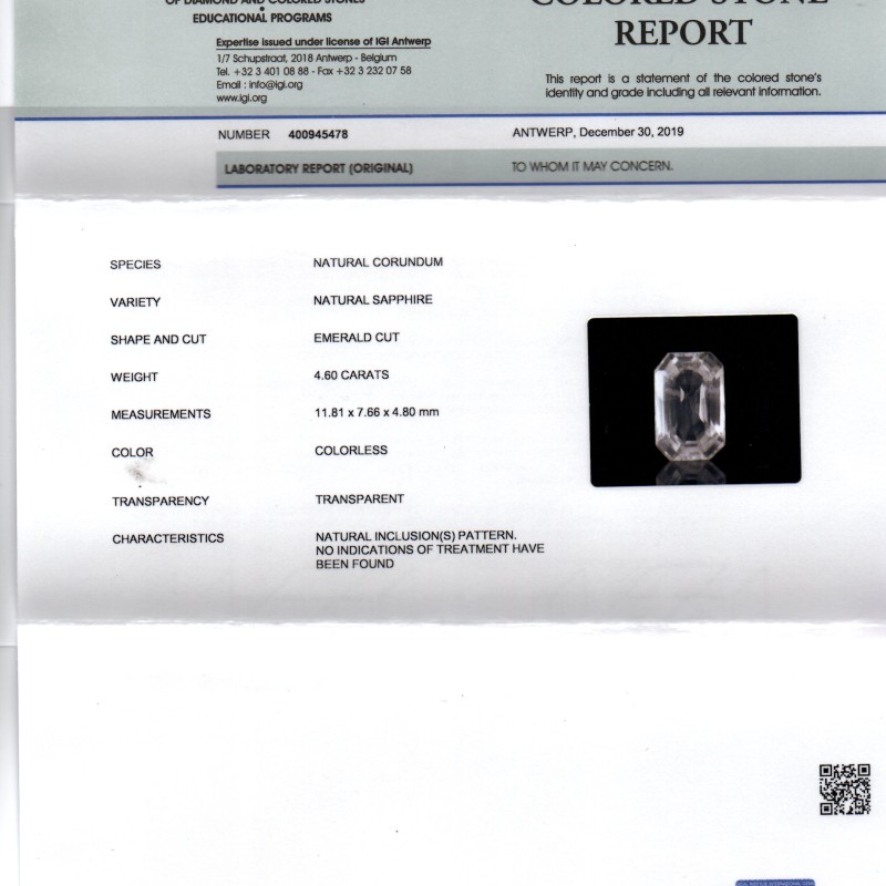 4.60 Ct IGI Certified Unheated Untreated Natural Ceylon White Sapphire AAA