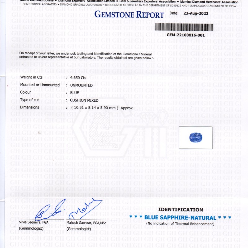 4.65 Ct GII Certified Unheaated Untreated Natural Ceylon Blue Sapphire