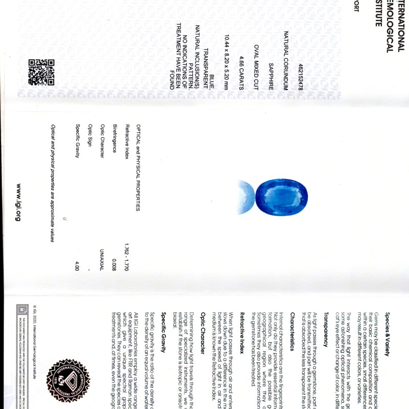 4.66 Ct IGI Certified Unheated Untreated Natural Ceylon Blue Sapphire AA 4.66 Ct IGI Certified Unheated Untreated Natural Ceylon Blue Sapphire AA