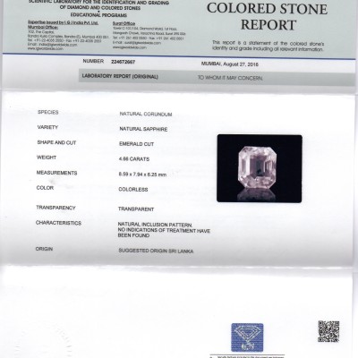 4.66 Ct IGI Certified Unheated Untreated Natural Ceylon White Sapphire Pukhraj 4.66 Ct IGI Certified Unheated Untreated Natural Ceylon White Sapphire Pukhraj