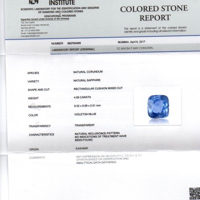 4.69 Ct Unheated Untreated Natural IGI Certified Kashmir Blue Sapphire