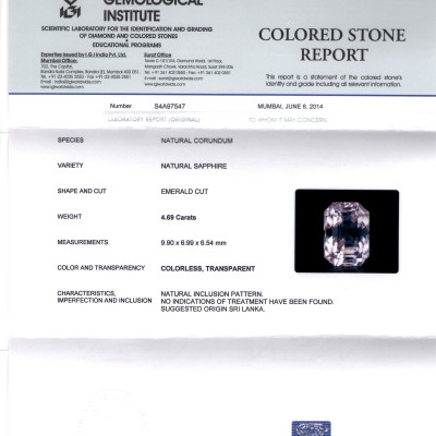 4.69 Ct Unheated Untreated Natural Premium Ceylon White Sapphire AAA 4.69 Ct Unheated Untreated Natural Premium Ceylon White Sapphire AAA